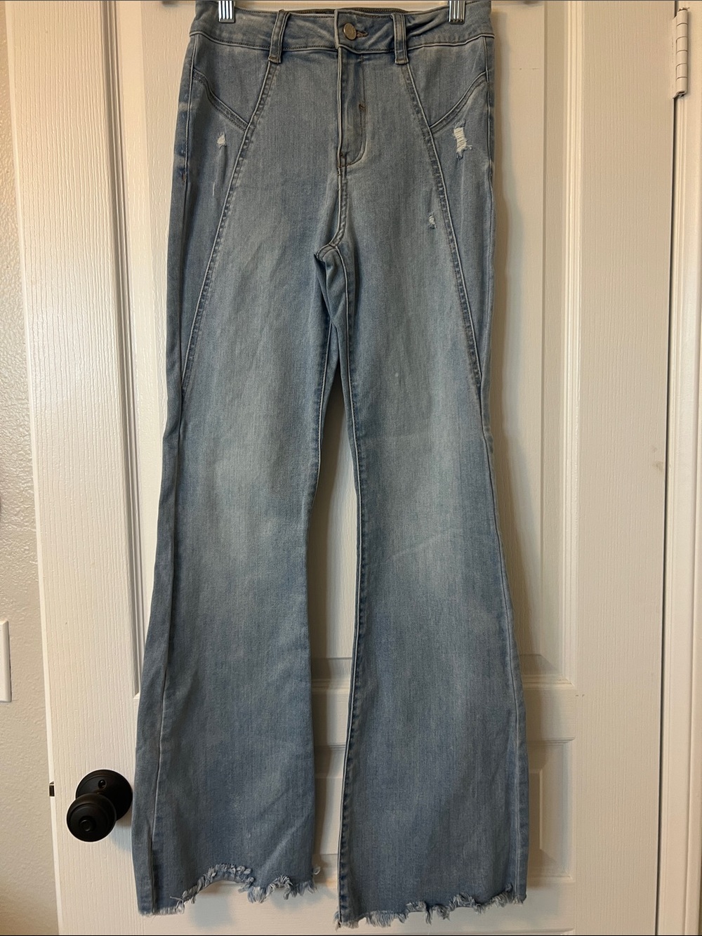 Sincerly Jules Light Blue Flare Jeans with Frayed Hem